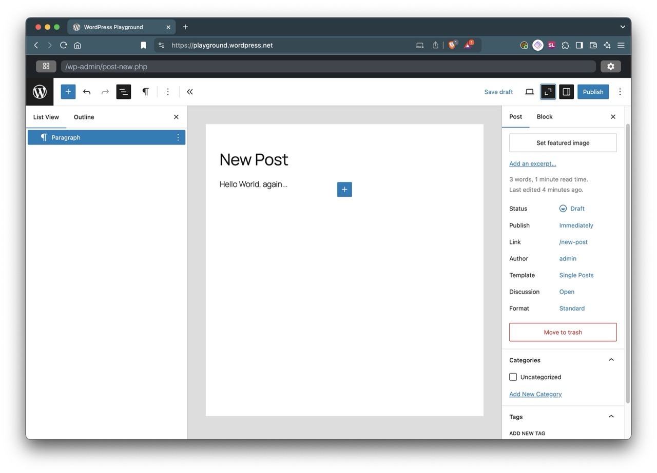 screenshot of WP New Post screen